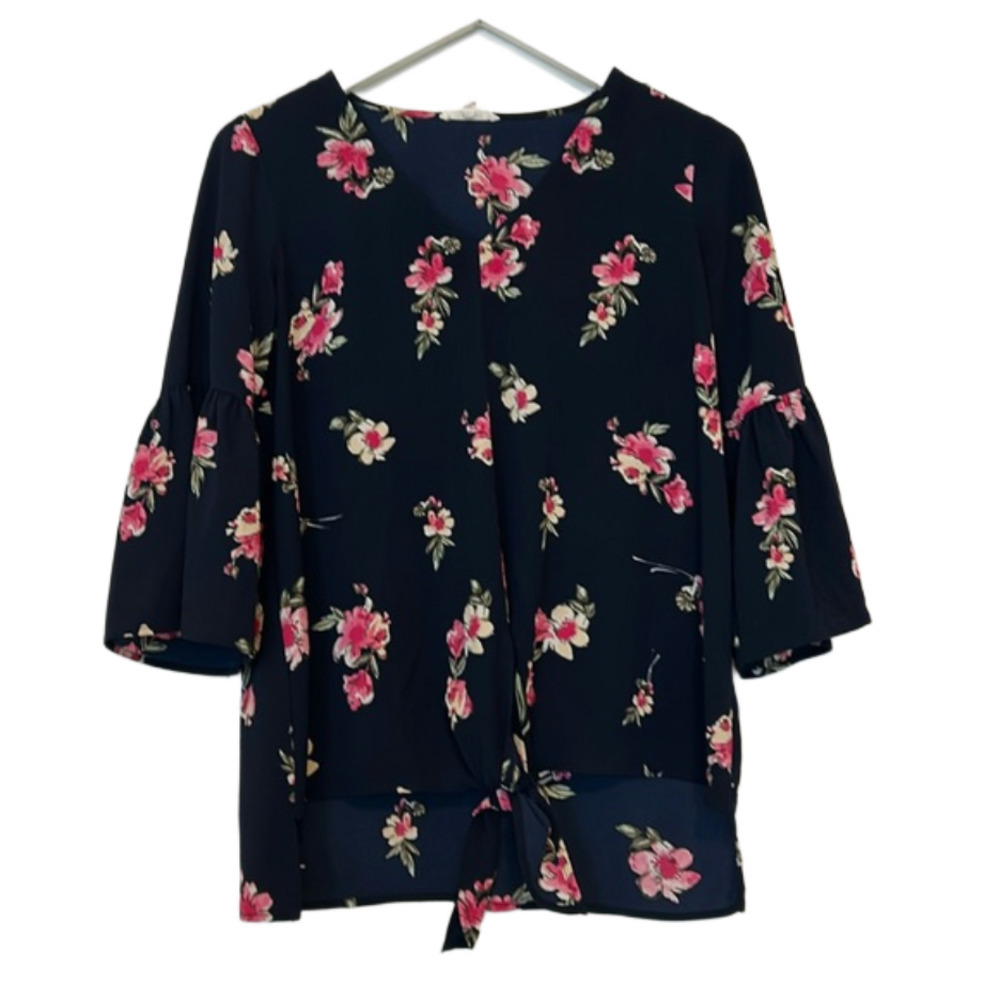 Pleione Navy Floral Tie Front Blouse, XS